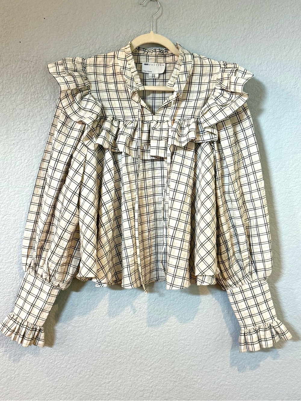 ASOS White and Black Plaid Ruffle Yoke Blouse